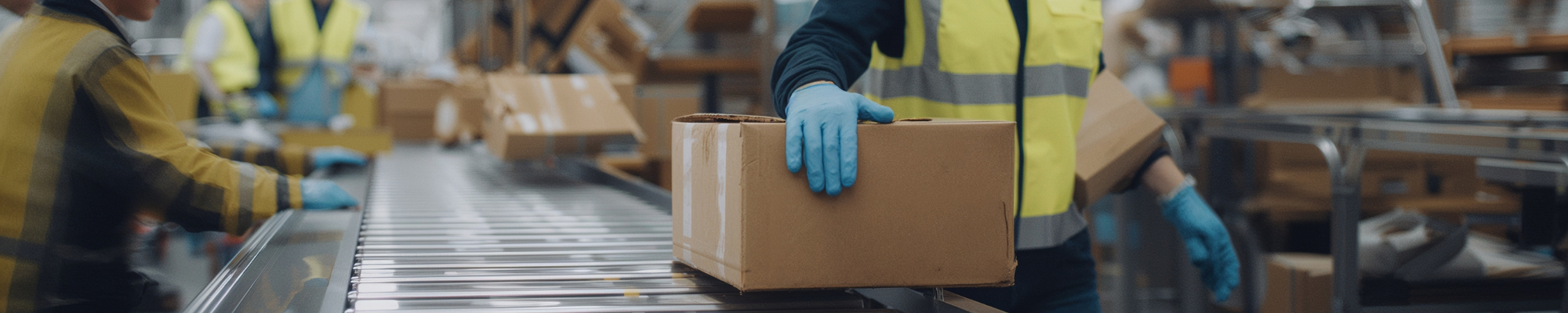 Woman holding a box over a roller conveyor belt
